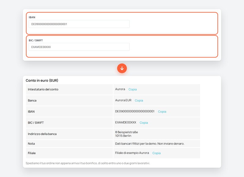Campi IBAN e BIC evidenziati sopra il conto EUR risultante.