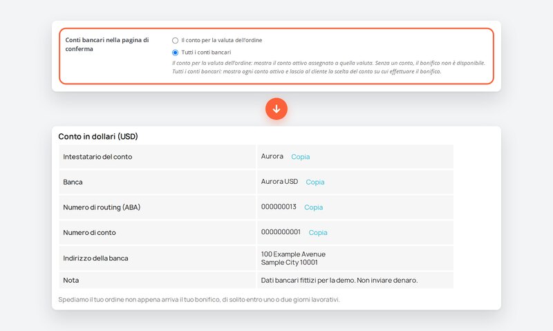 Impostazione di tutti i conti sopra il conto USD aggiuntivo in un ordine EUR.