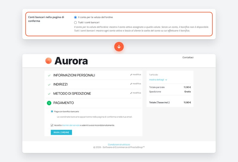 Impostazione per valuta sopra il checkout Aurora con una sola opzione di bonifico.