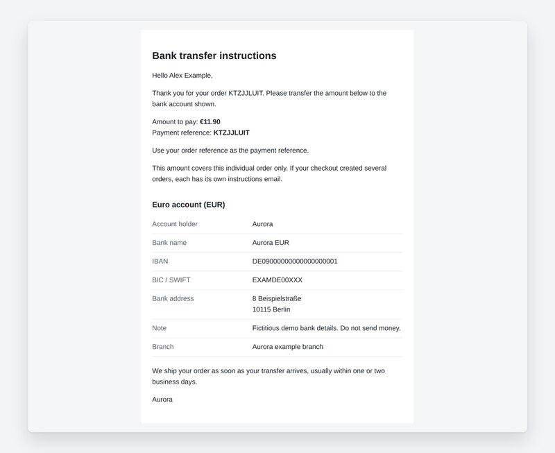Native bank instructions email body with the real amount, reference and EUR account.