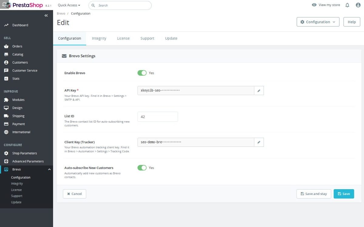 Der Konfigurationsbildschirm von Brevo (Sendinblue) Integration (Sendinblue) Integration im PrestaShop Backoffice