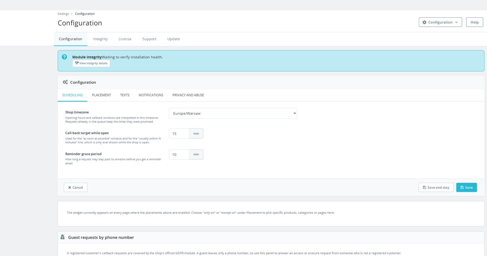 Pantalla de configuración con la zona horaria de la tienda, el objetivo de devolución de llamada en horario abierto y el periodo de gracia de recordatorios, junto a pestañas de ubicación, textos y notificaciones