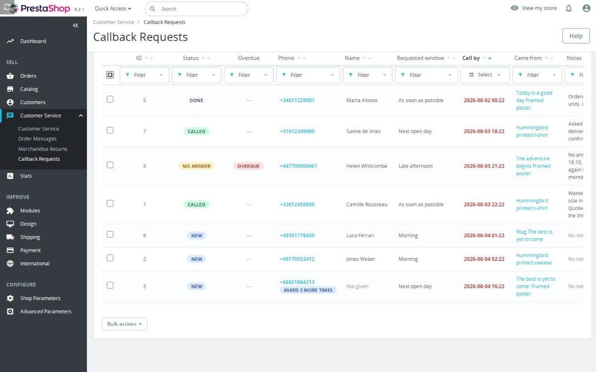 La pantalla de configuración de Callback Requests Requests