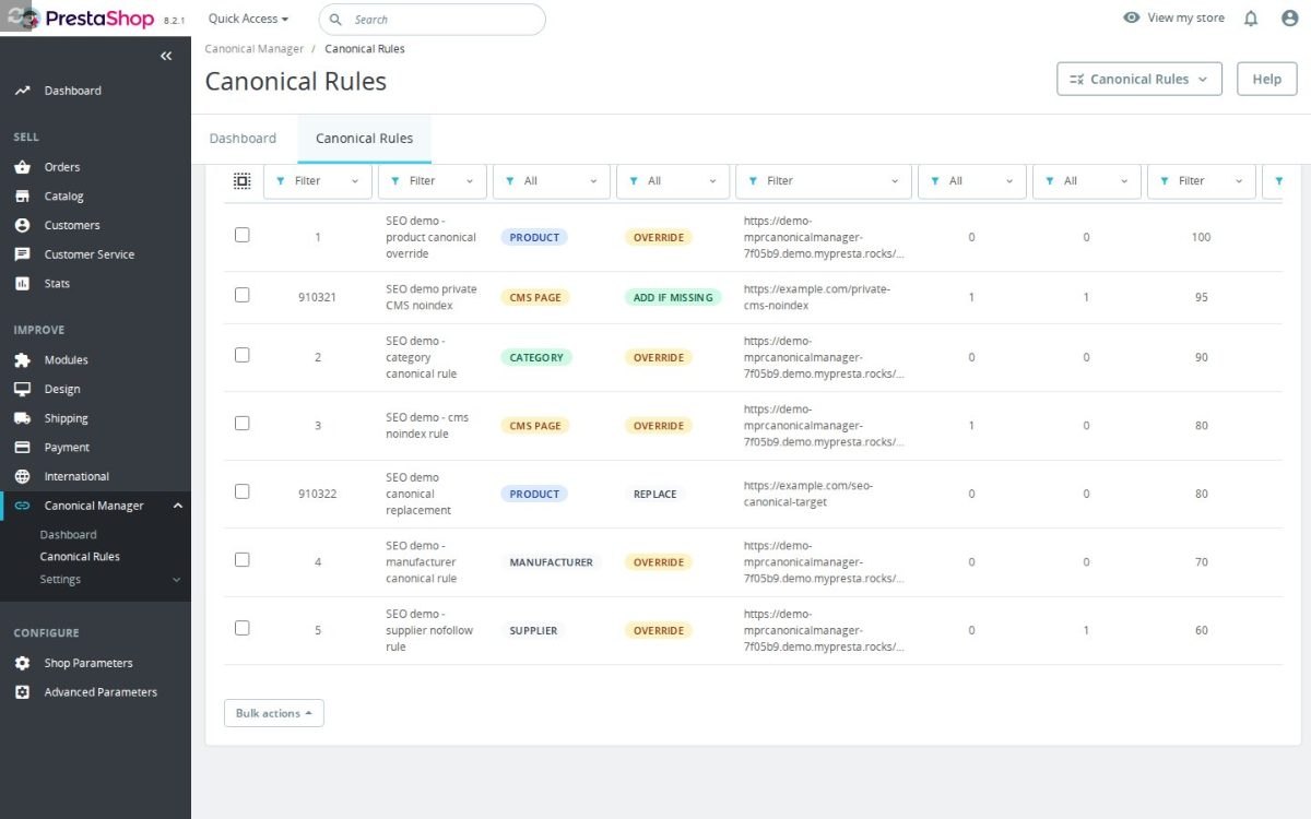 Una schermata di lavoro di Canonicalmanager nel back office