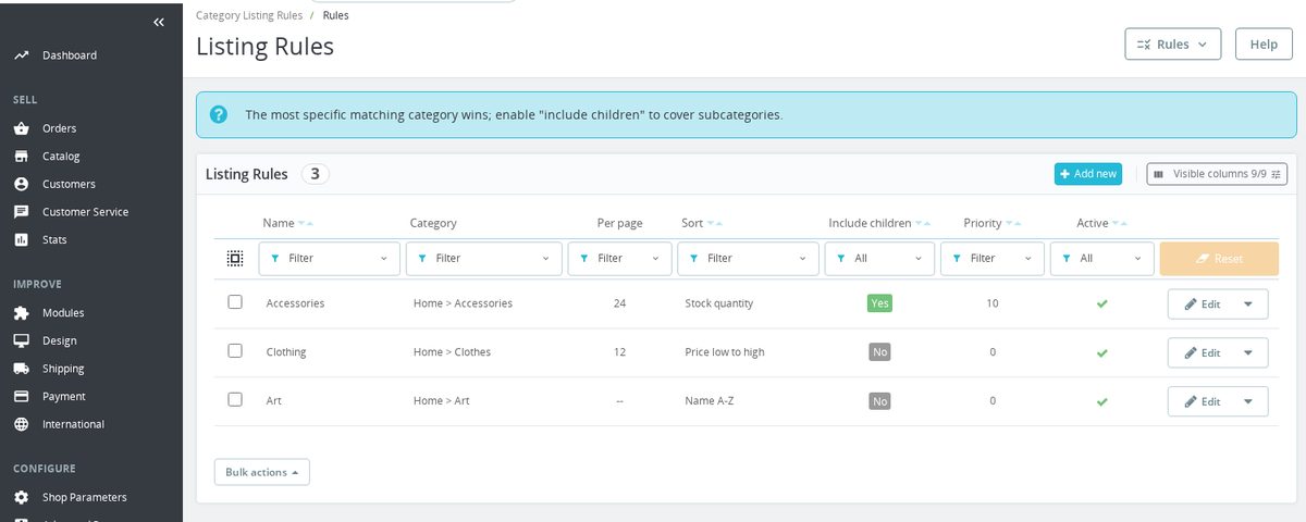 Per-category products-per-page and sort rules table in the PrestaShop back office