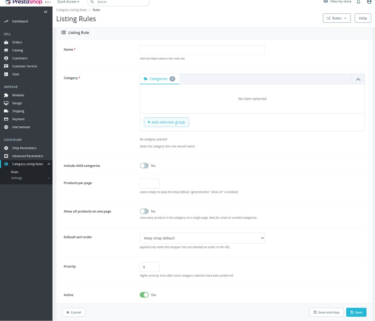 Listing rule form with category picker, inherit-to-subcategories switch and default sort order