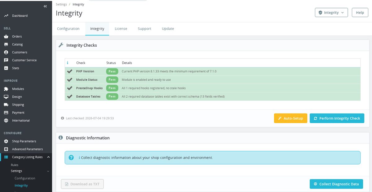Category Listing Rules integrity check panel showing all checks passing