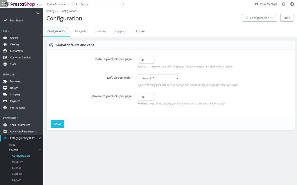 The Category Listing Rules configuration screen