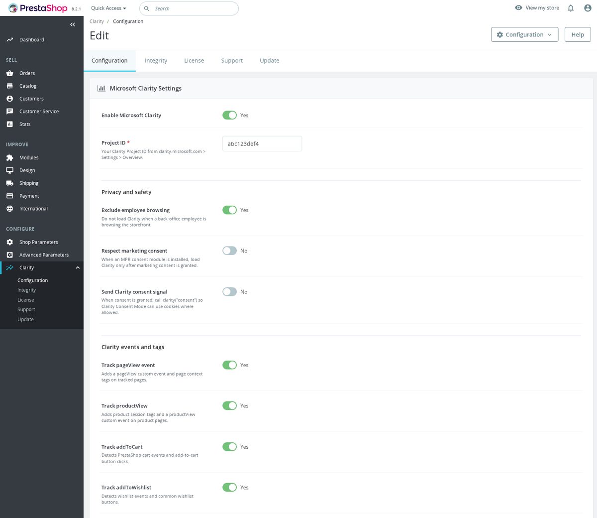 Eventos y mapas de calor de Microsoft Clarity para PrestaShop - Eventos personalizados de Clarity en el panel de administración