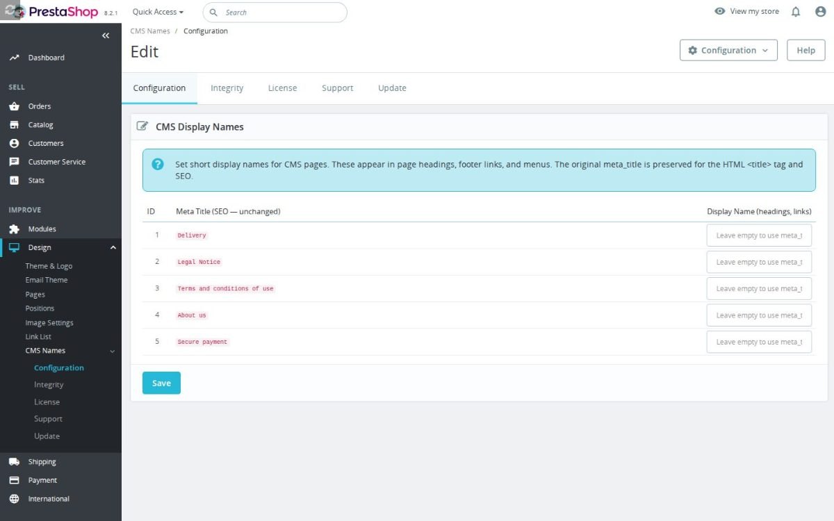Der Konfigurationsbildschirm von Custom CMS Page Names