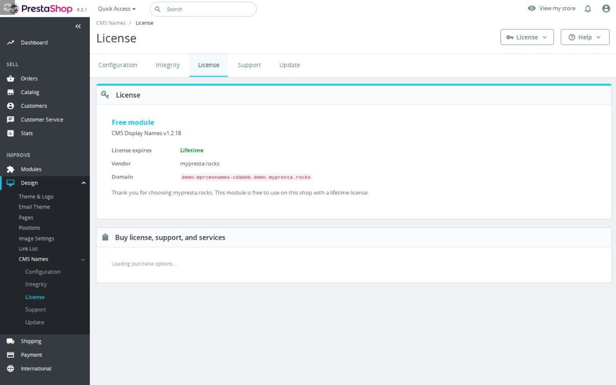 Der Lizenzbildschirm von Custom CMS Page Names
