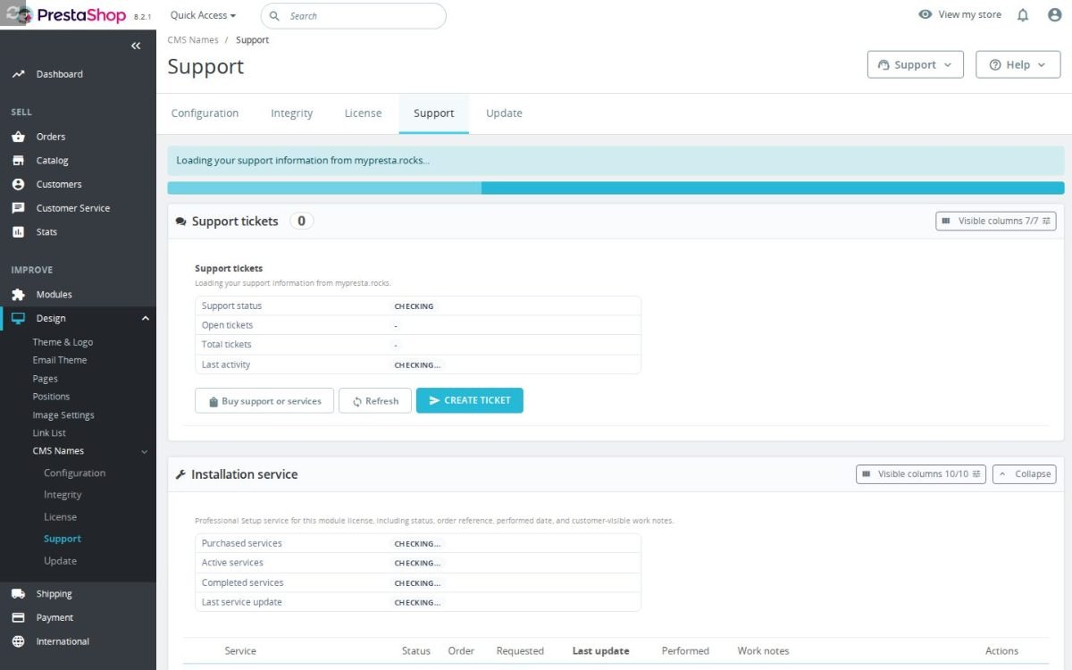 Der Supportbildschirm von Custom CMS Page Names
