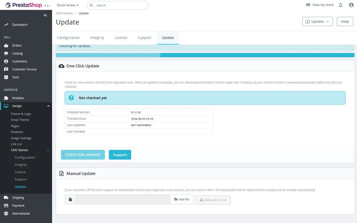 Der Aktualisierungsbildschirm von Custom CMS Page Names