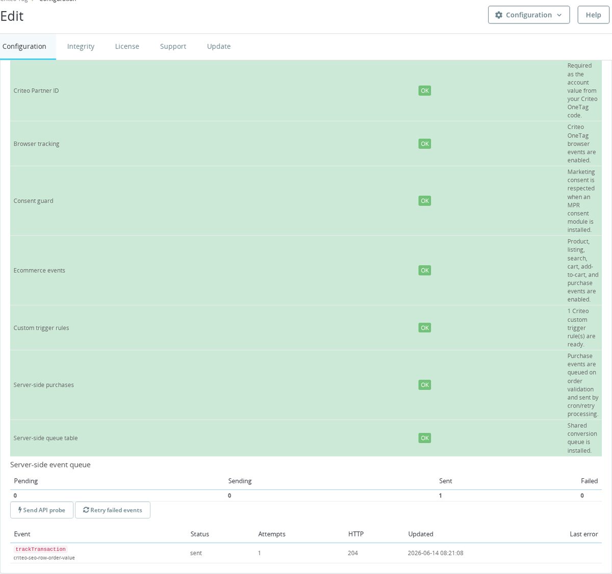 Comprobación de la API del servidor informando que Criteo aceptó la transacción de prueba