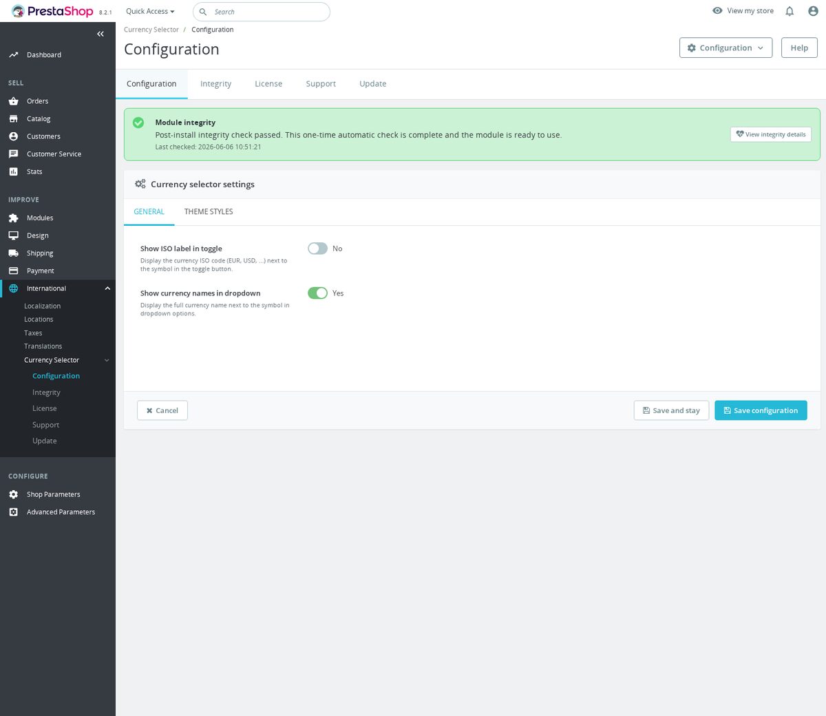 Selector de moneda para PrestaShop - Estilo de monedas en el panel de administración