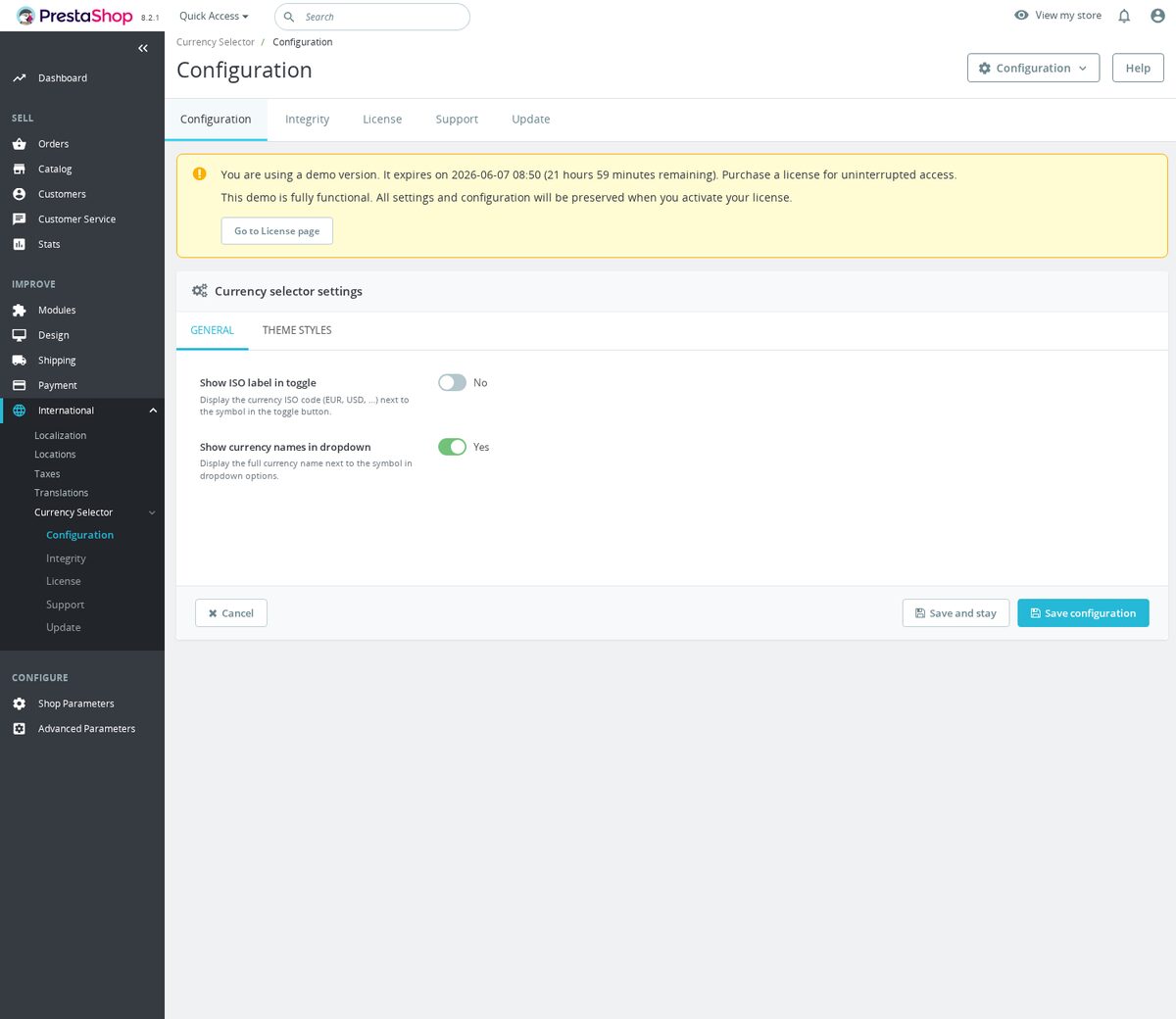 Selector de moneda para PrestaShop - Nombres de monedas en el panel de administración