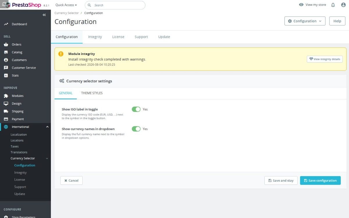La schermata di configurazione di Currency Selector