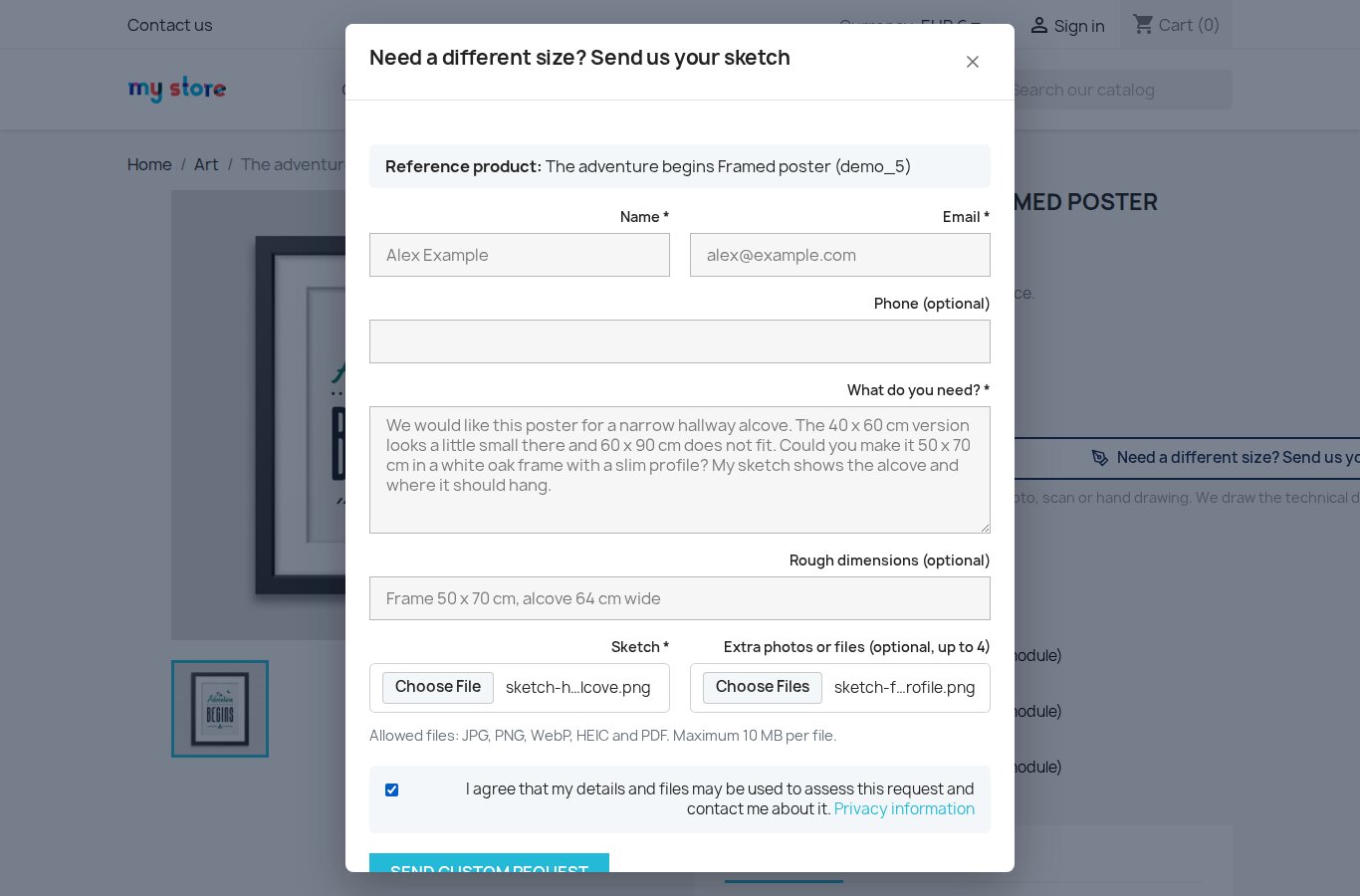 PrestaShop product page with the custom request dialog open beside the reference product