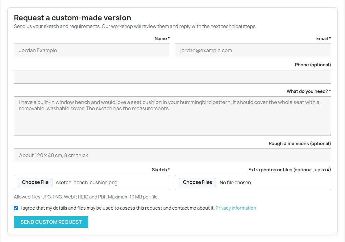 Standalone custom request form with a sketch selected and rough dimensions entered