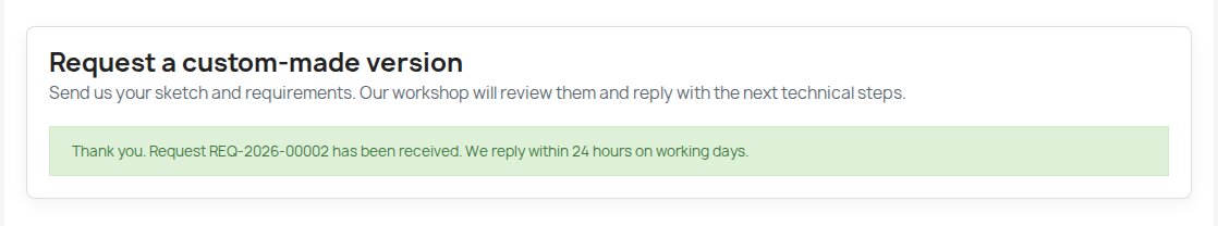 Successful custom request submission showing its reference and the shop's reply promise