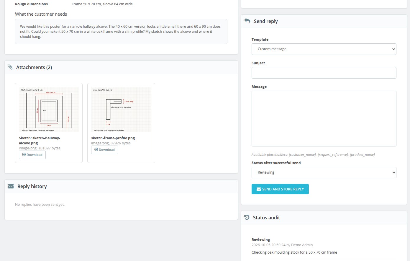 Custom request detail showing the customer's sketch, requirements and status history