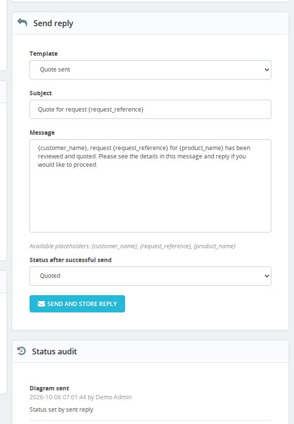 Custom request reply composer with a supplied reply starter and status after sending