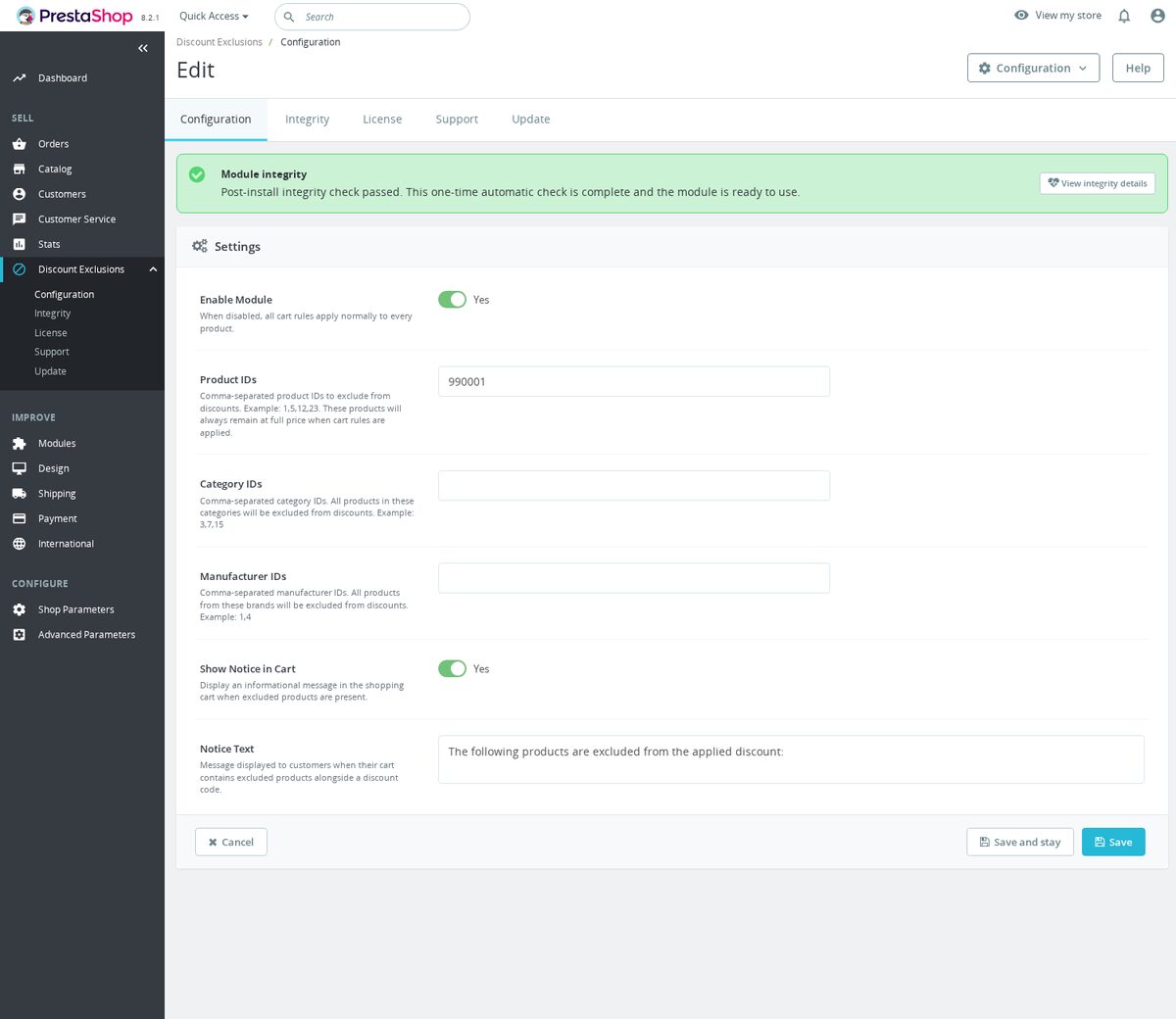 Module d'exclusion de remises PrestaShop - produits exclus dans l'administration