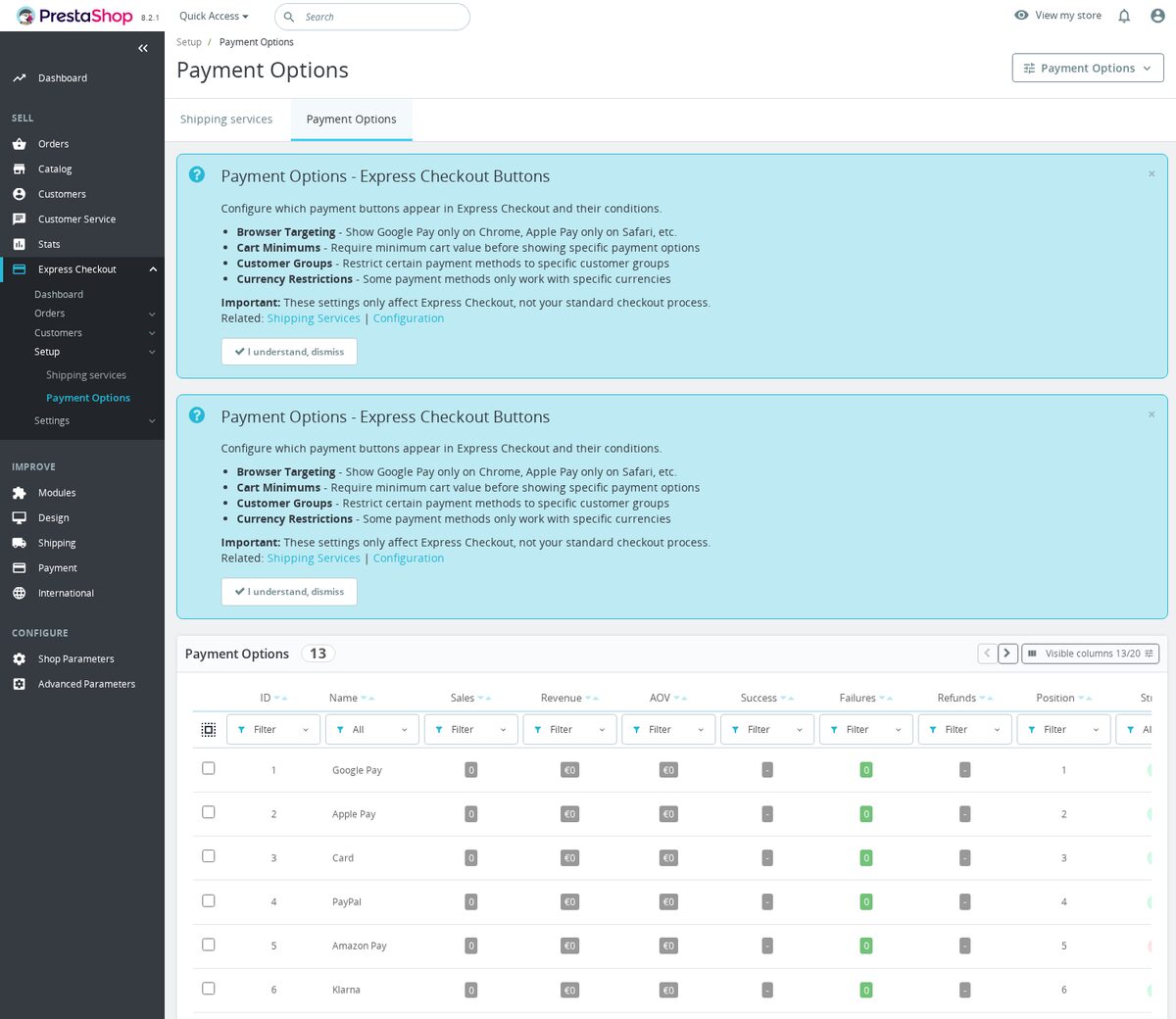 Pulsanti di pagamento rapido PrestaShop - opzioni di pagamento nell’amministrazione