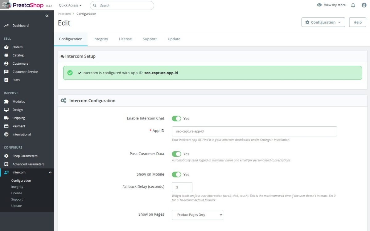 La schermata di configurazione di Intercom Chat Integration Chat Integration