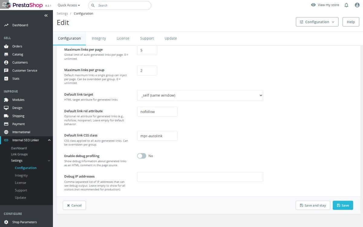 The Internallinking configuration screen
