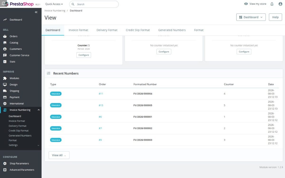 La schermata di configurazione di Custom Invoice Numbering