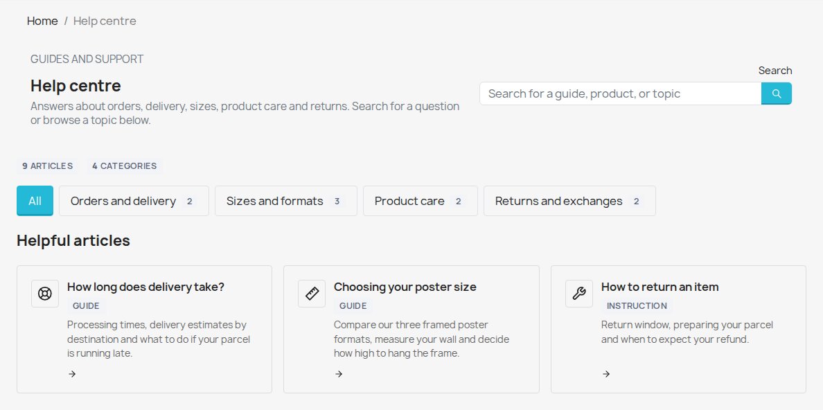 PrestaShop knowledge-base landing page with a search field, category buttons and article cards