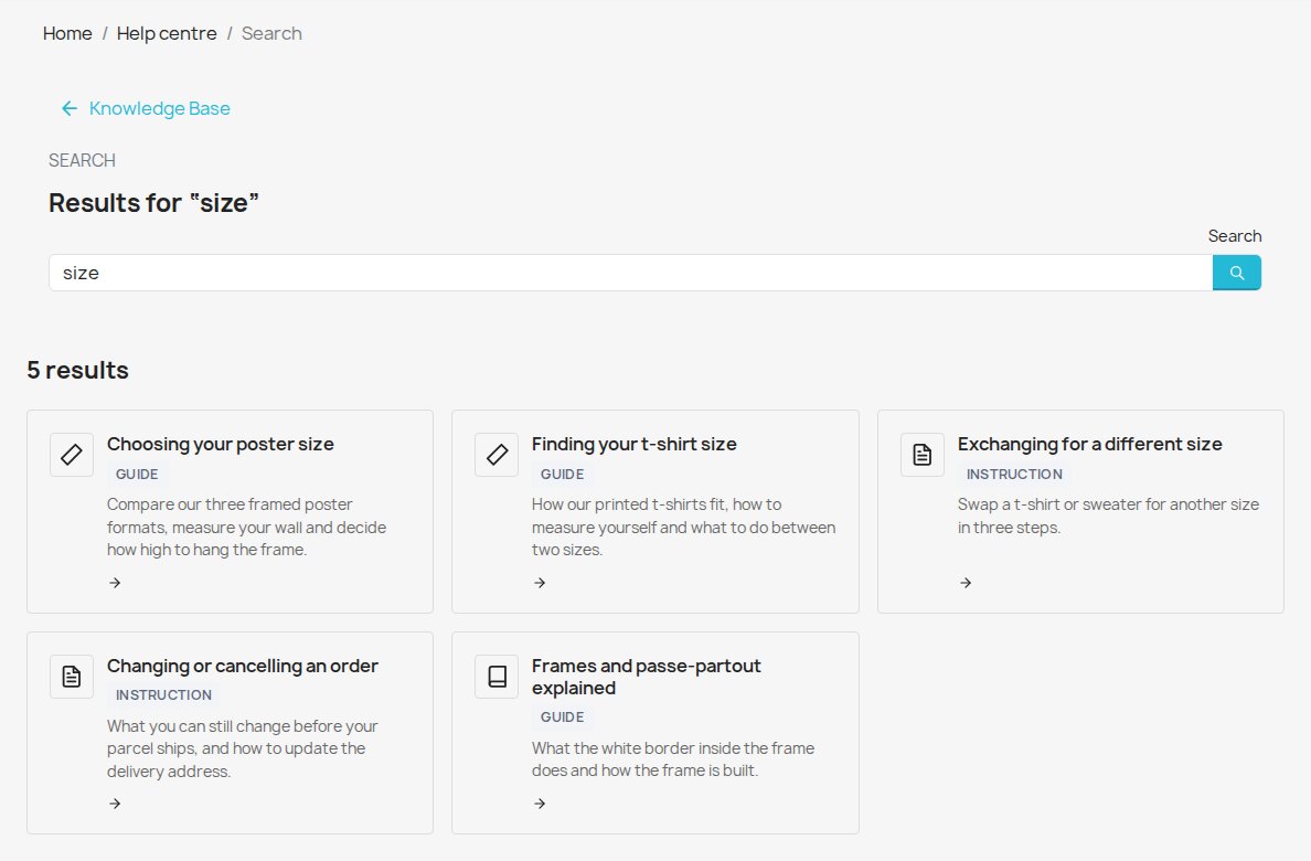 Knowledge-base search results showing published articles for the customer's query