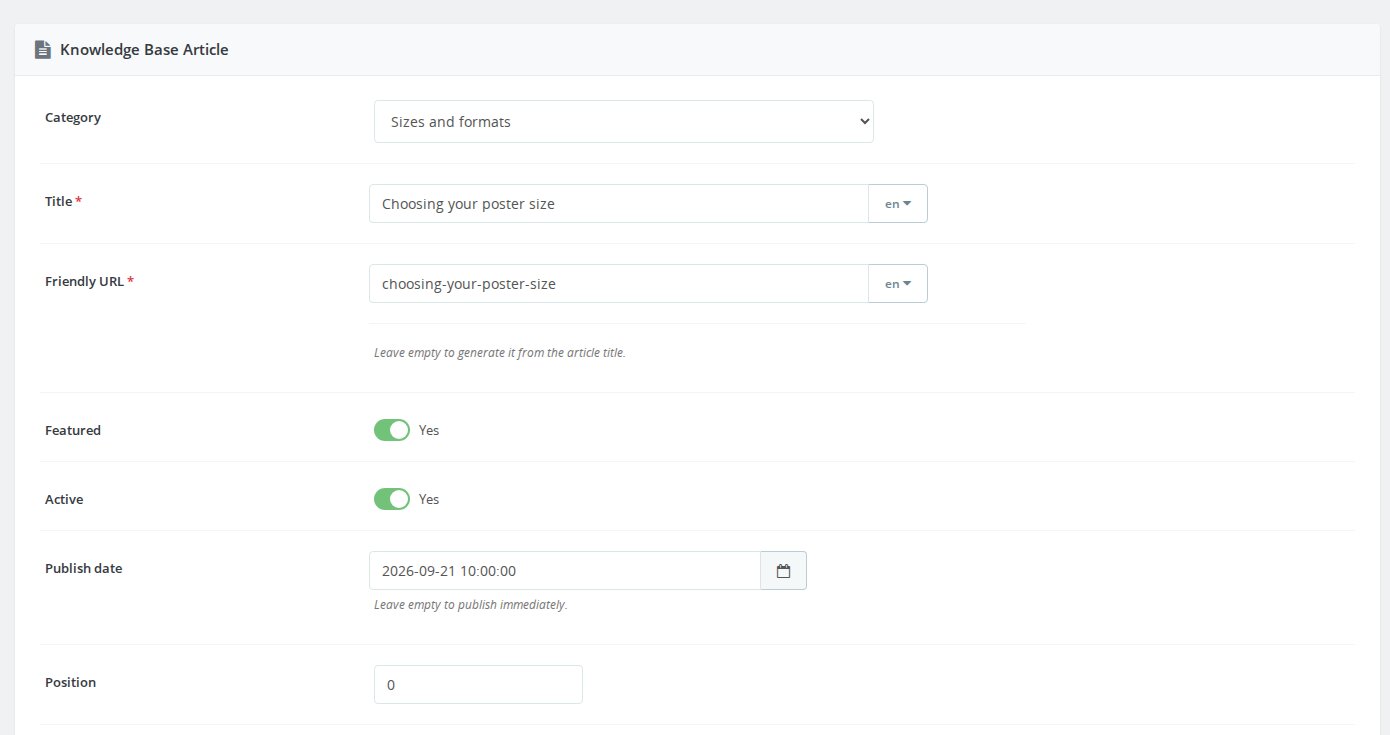 Back office article editor with language fields, featured status and a publication date