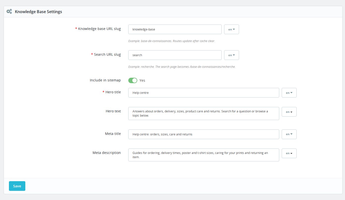 Knowledge Base settings for page addresses, the landing-page introduction and search descriptions