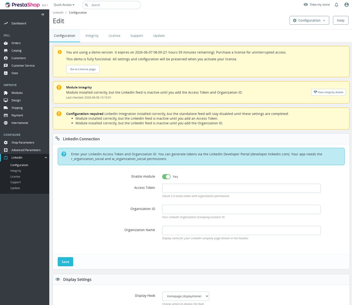Módulo de feed LinkedIn y publicación para PrestaShop - Publicacion automática LinkedIn en administración