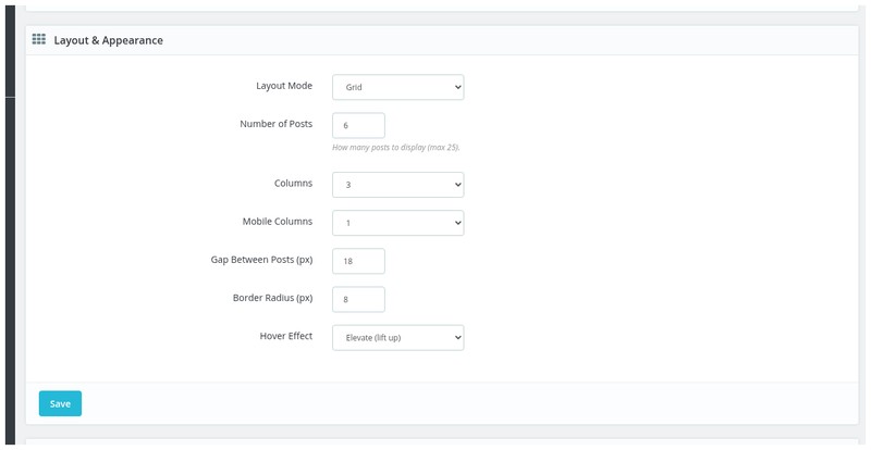 Impostazioni di layout e aspetto con modalità griglia, numero di post, colonne ed effetto hover