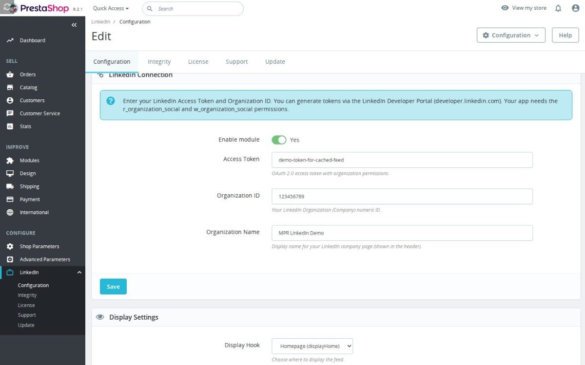 La schermata di configurazione di LinkedIn Integration