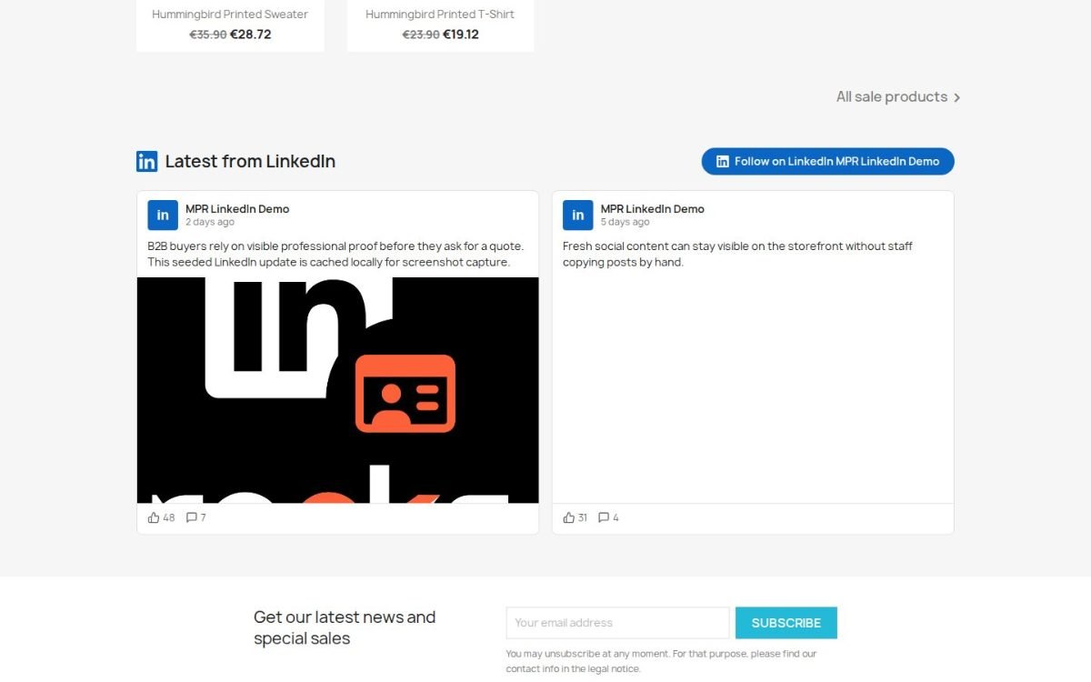LinkedIn Integration sulla home page del negozio