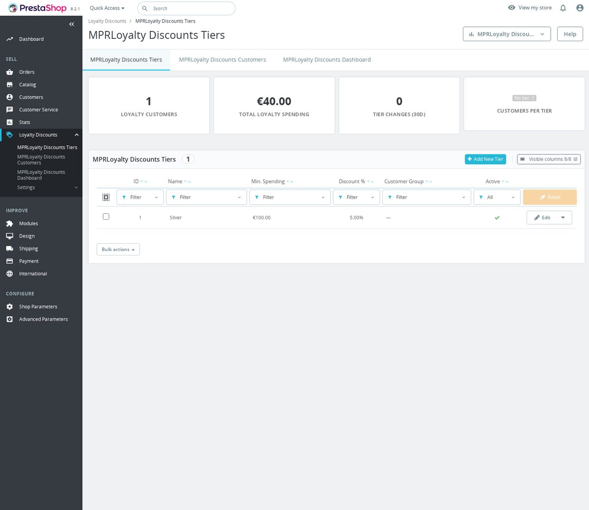 Liste d'administration PrestaShop des paliers de fidélité affichant nom, dépenses minimales et pourcentage de remise, la colonne groupe de clients n'étant pas attribuée