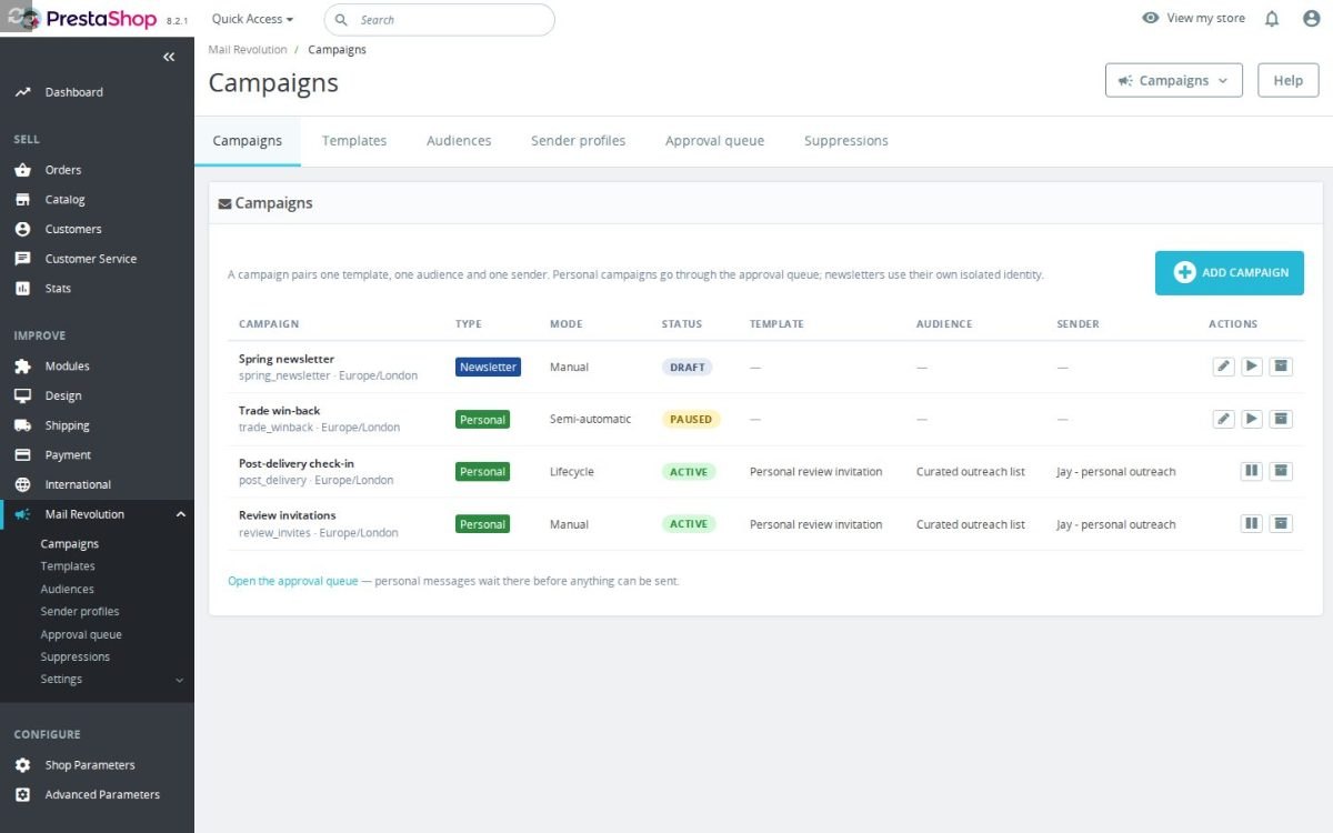 The Mail Revolution configuration screen