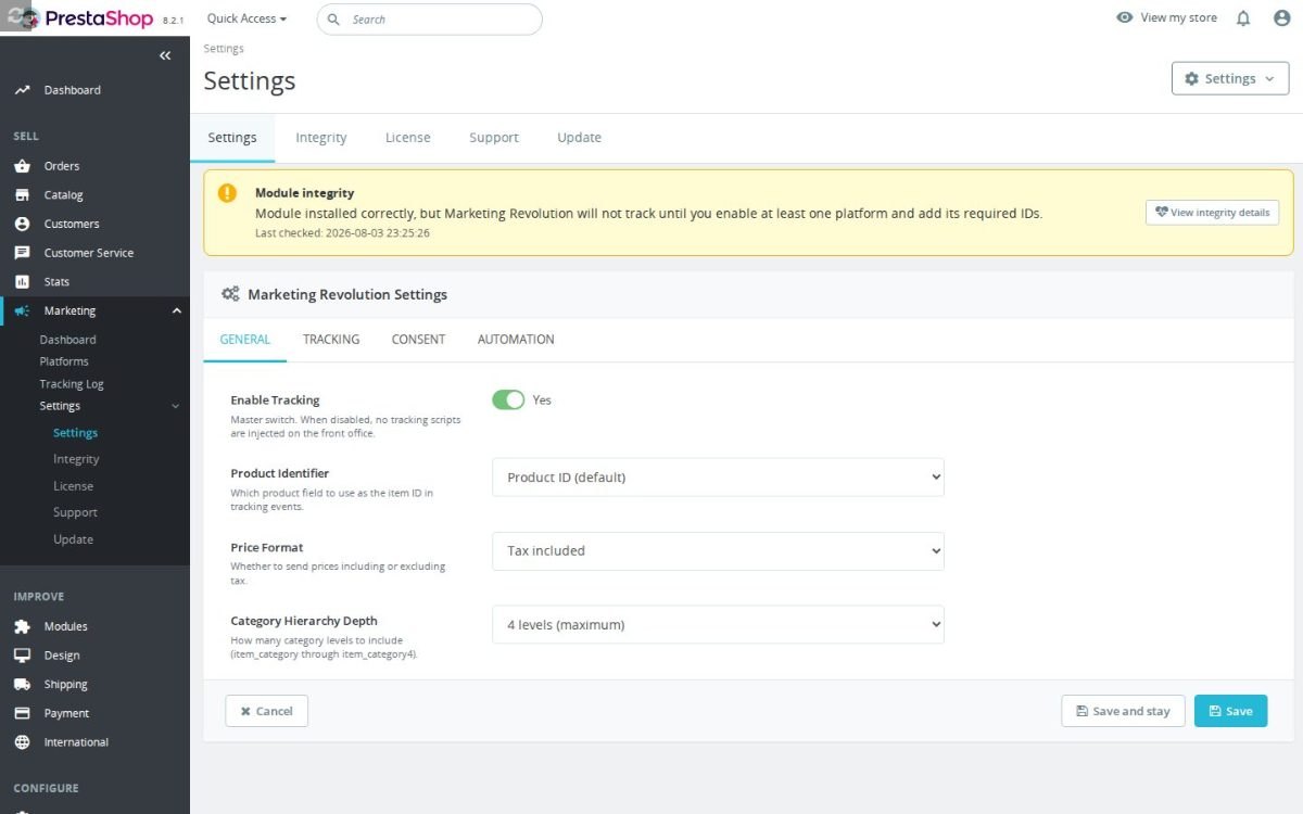 La pantalla de configuración de Marketing Revolution