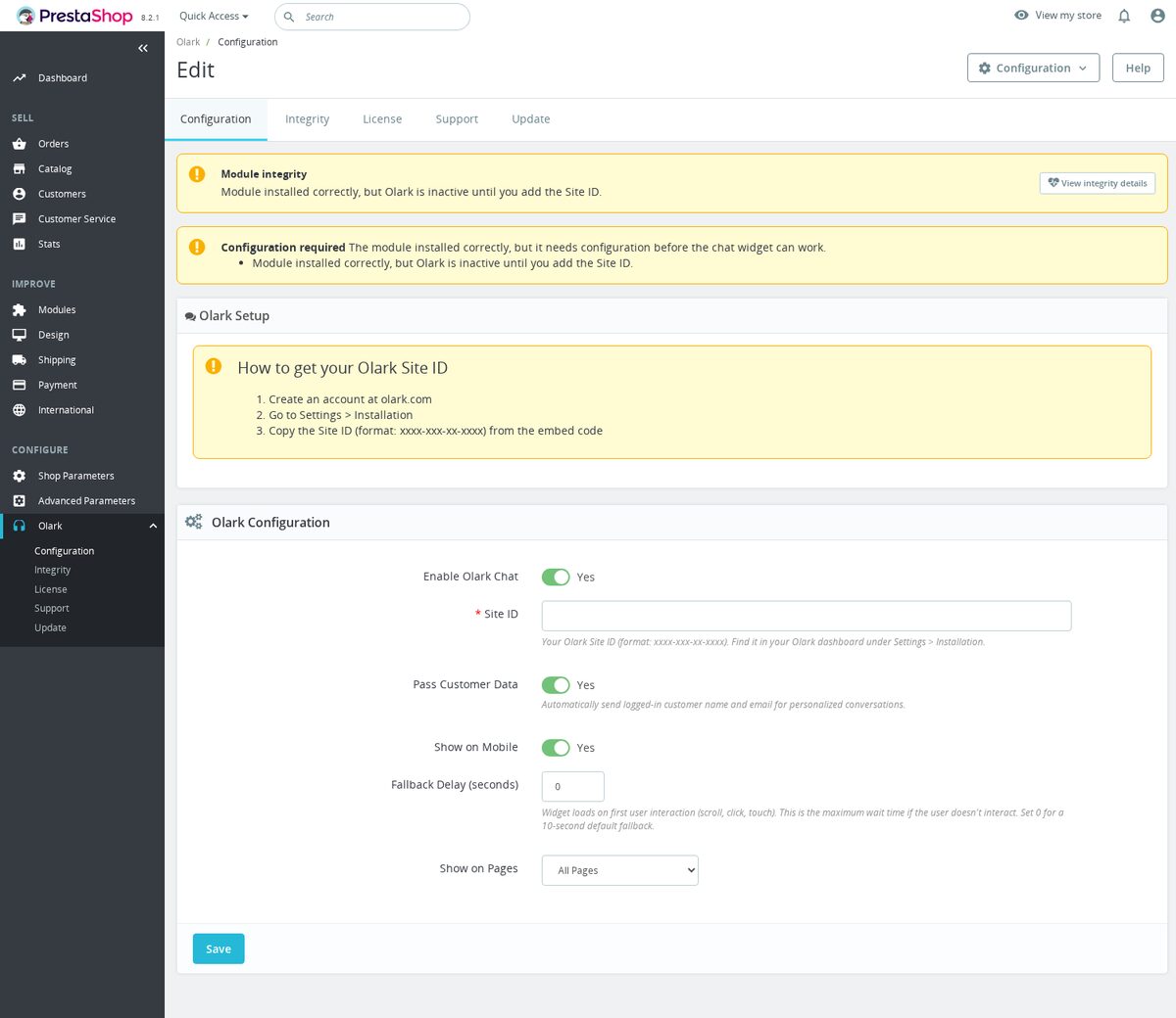 Olark Live Chat Widget for PrestaShop - Admin Chat Display Settings