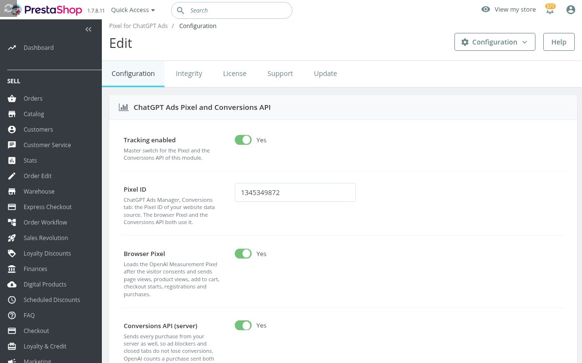 Settings with the Pixel ID, the browser Pixel, the server connection and the test purchase button