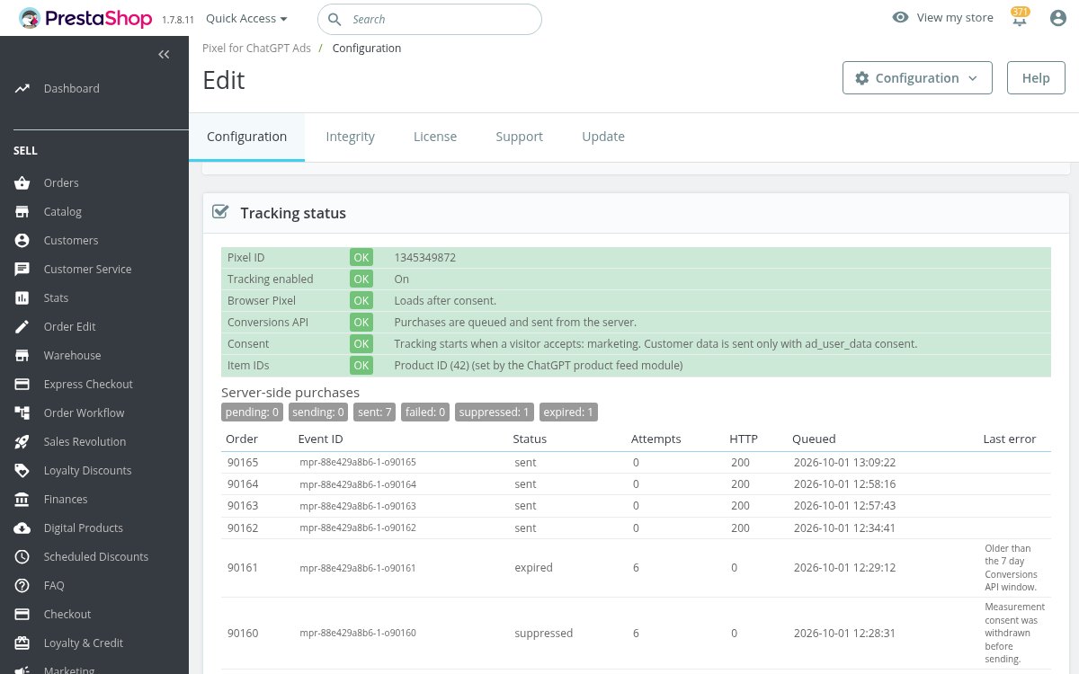 Tracking status and the latest orders sent to ChatGPT Ads from the store server