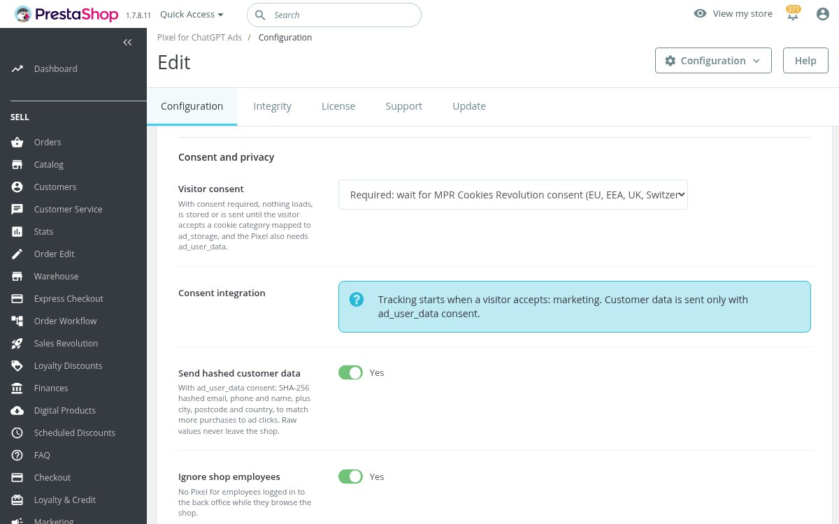 Consent settings showing the cookie category that starts ChatGPT Ads tracking