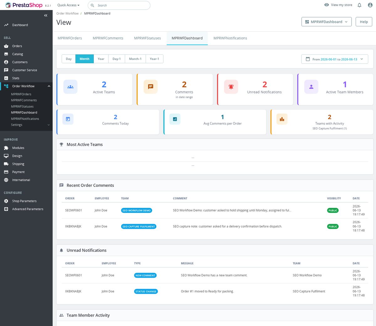 Order workflow operational dashboard with teams, comments and notifications