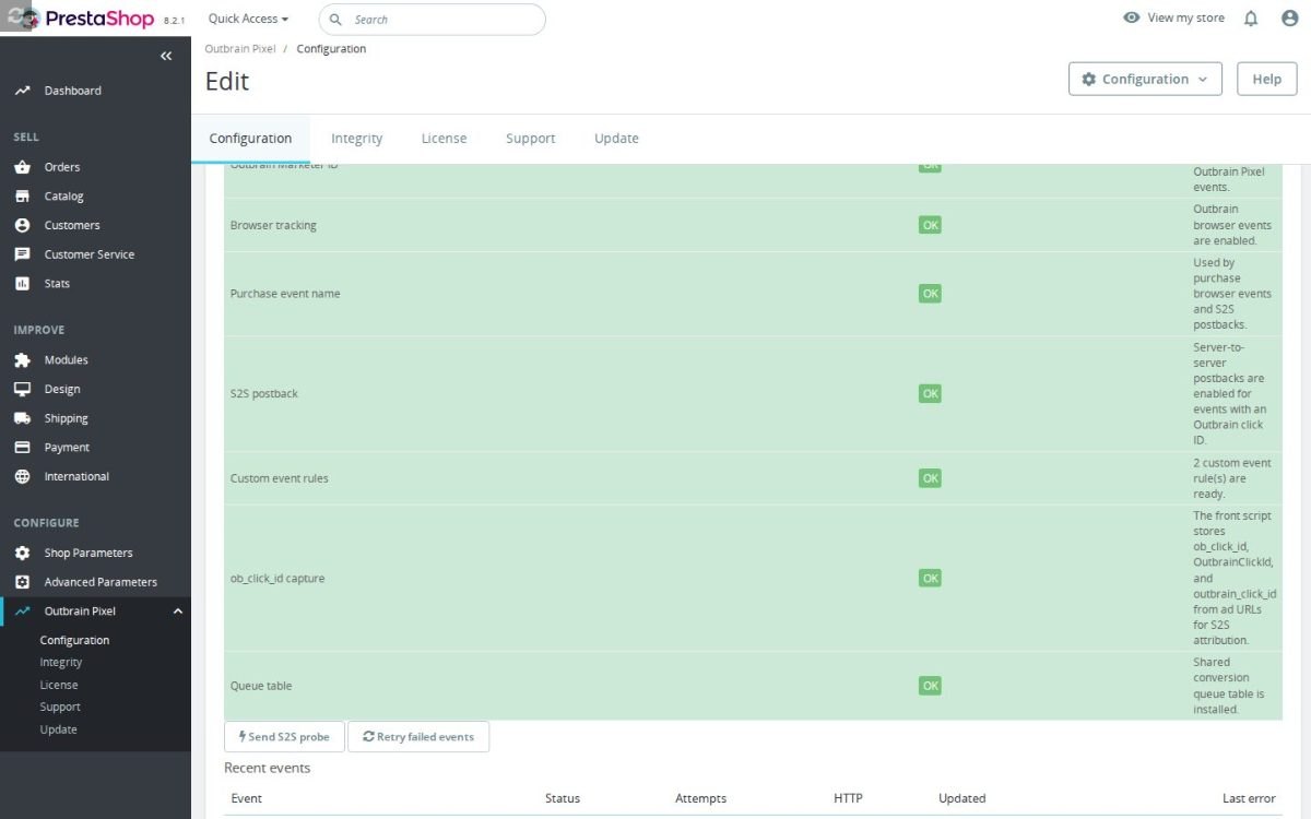 La schermata di configurazione di Outbrain Pixel + S2S Postback nel back office PrestaShop
