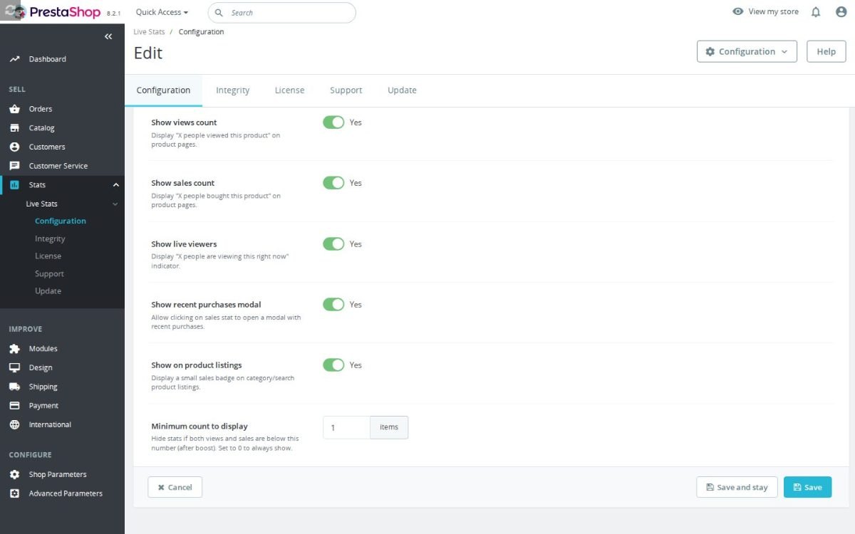 La pantalla de configuración de Product Sales & Views Live Stats