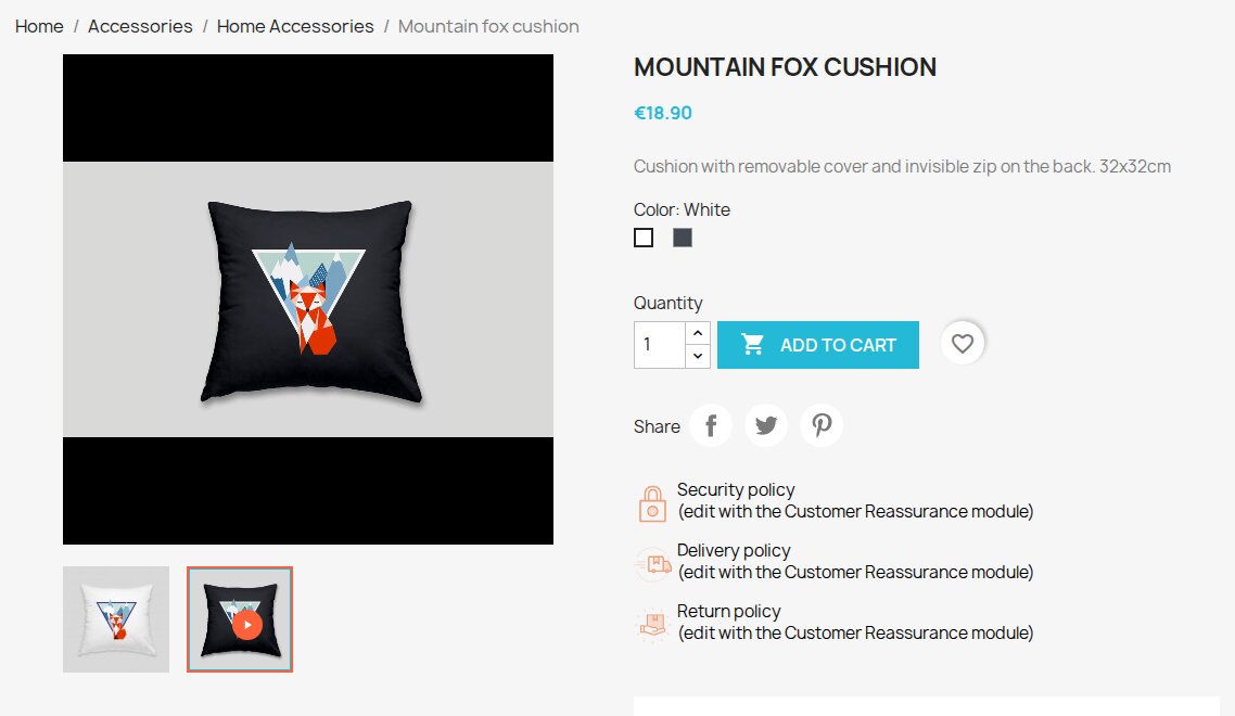 Product demonstration selected beside photo thumbnails in a PrestaShop product gallery